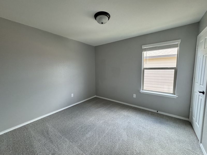 A serene bedroom with plush carpeting, soft gray walls, and a window inviting natural light.