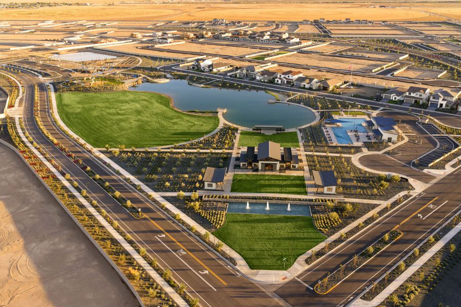 Aerial view of the Soleo community in San Tan Valley, AZ, showing layout and nearby surroundings (Image 14).