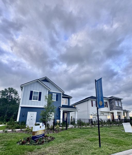 Charming blue and white homes in Brook Forest by Dream Finders Homes, St. Augustine, FL, against a dramatic cloudy sky.