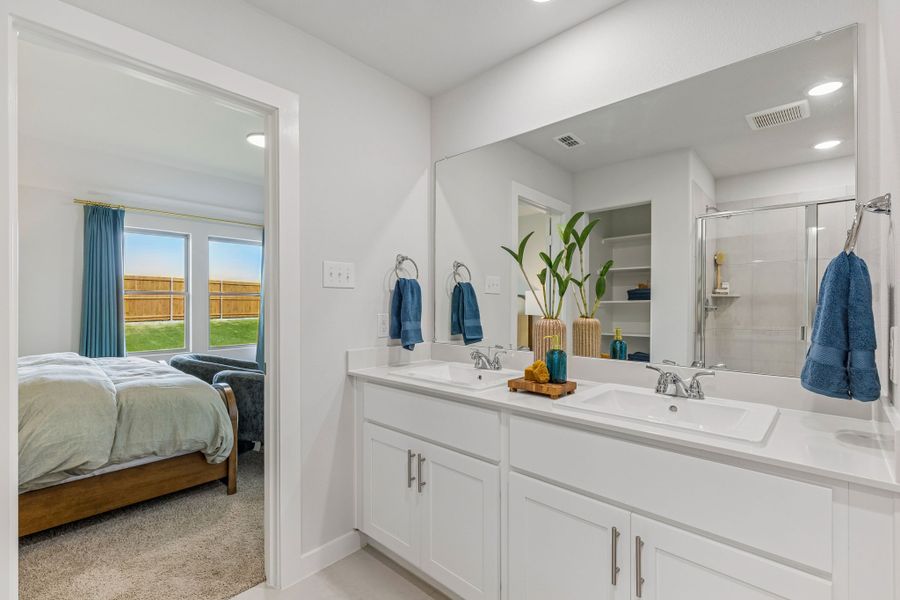 Primary Bathroom in a Terra Vella Hayden Model Home in Fort Worth TX by Trophy Signature Homes