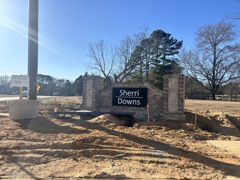 The entrance to Sherri Downs, featuring a stylish brick sign marking this charming Lennar community in Angier, NC.