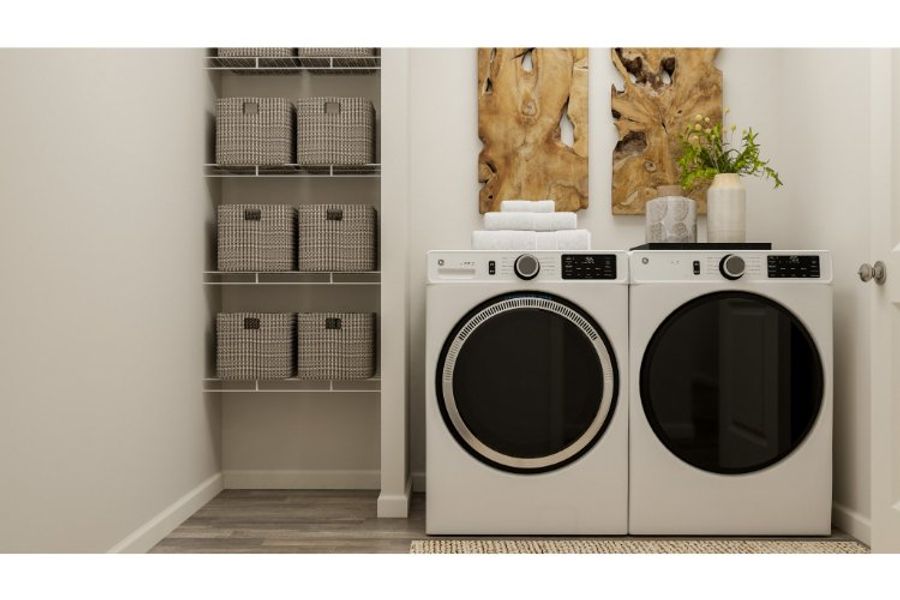A white washing machine and a white shelf with a plant on it.