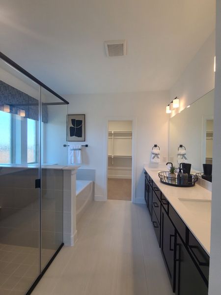 A spacious bathroom featuring dual black vanities, a walk-in shower, and elegant lighting.