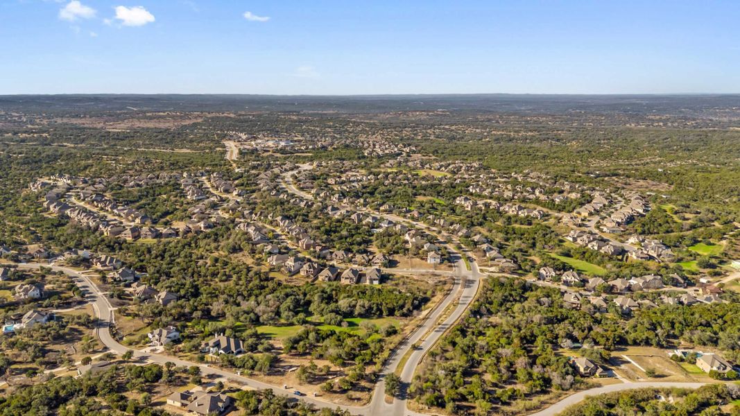 Aerial view of the Sola Vista at West Cypress Hills community in Briarcliff, TX, showing layout and nearby surroundings (Image 9). Aerial view of the Sola Vista at West Cypress Hills community in Briarcliff, TX, showing layout and nearby surroundings (Image 9).