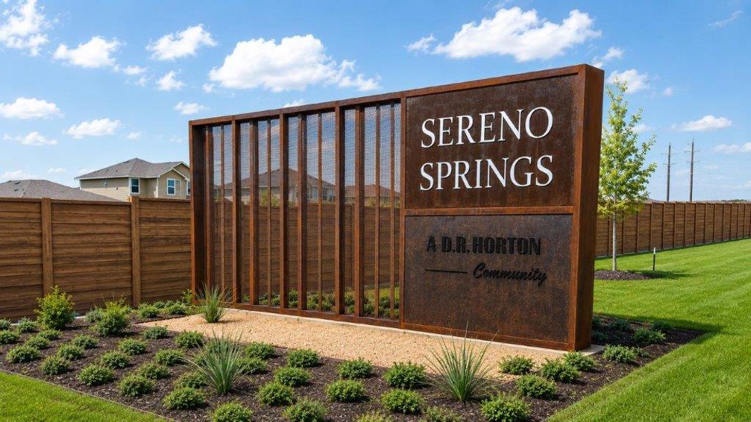 Entrance to the Sereno Springs community in Adkins, TX, featuring signage and landscaping (Image 1). Entrance to the Sereno Springs community in Adkins, TX, featuring signage and landscaping (Image 1).