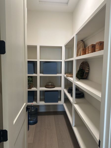 A well-organized pantry with spacious white shelving and neatly arranged storage boxes.