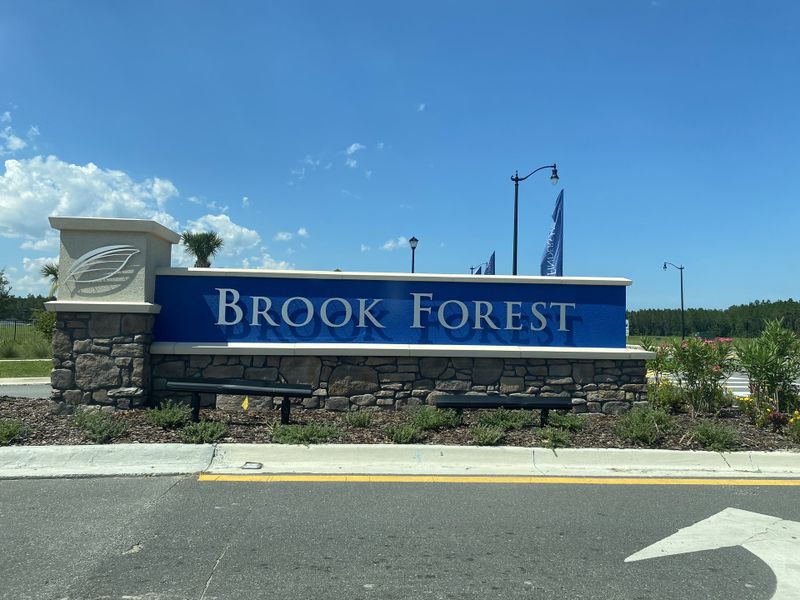 Brook Forest entrance with stone pillars and lush landscaping at Holly Landing at SilverLeaf by Dream Finders Homes (St. Augustine, FL).