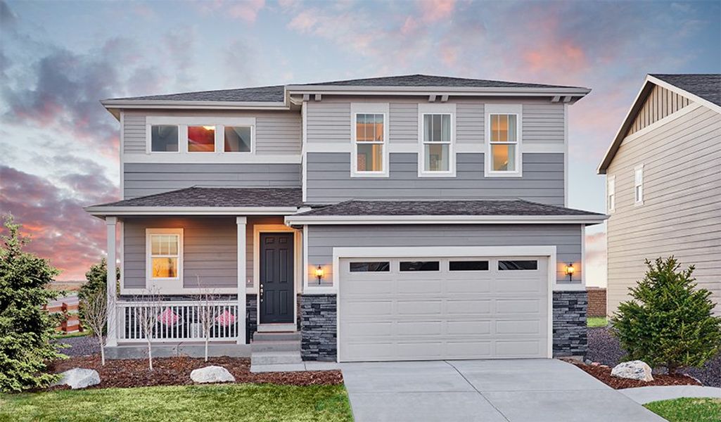 Front exterior of a home in the Daybreak at The Aurora Highlands community, located in Aurora, CO (Image 5). Front exterior of a home in the Daybreak at The Aurora Highlands community, located in Aurora, CO (Image 5).
