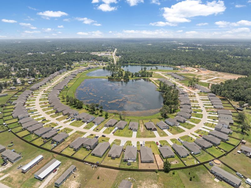 A large area with a pond and buildings around it. A large area with a pond and buildings around it.