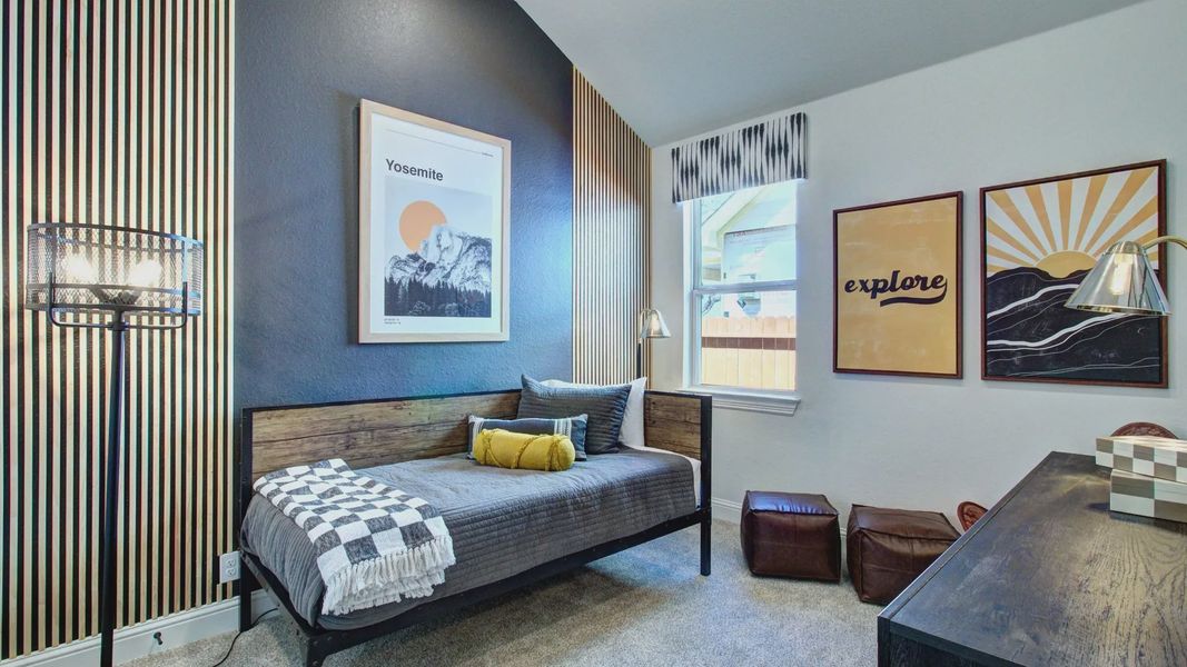 Experience refined elegance with striped walls and chic decor in this Meyer Ranch bedroom masterpiece. Experience refined elegance with striped walls and chic decor in this Meyer Ranch bedroom masterpiece.