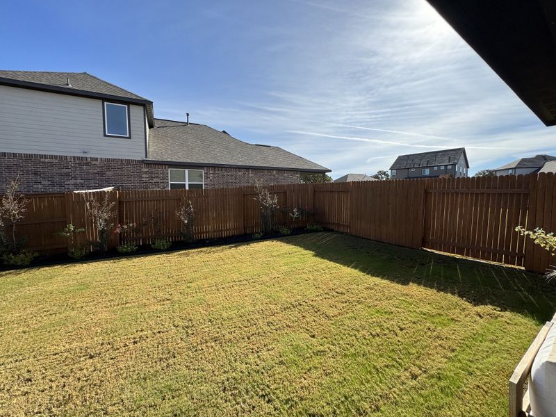 A charming backyard with a fenced yard and a well-maintained lawn in The Colony by Terrata Homes (Bastrop, TX).