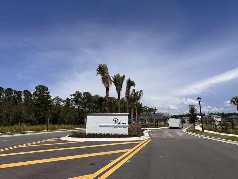 Entrance to Palms at Windermere by Dream Finders Homes, featuring palm trees and modern community signage (Windermere, FL).