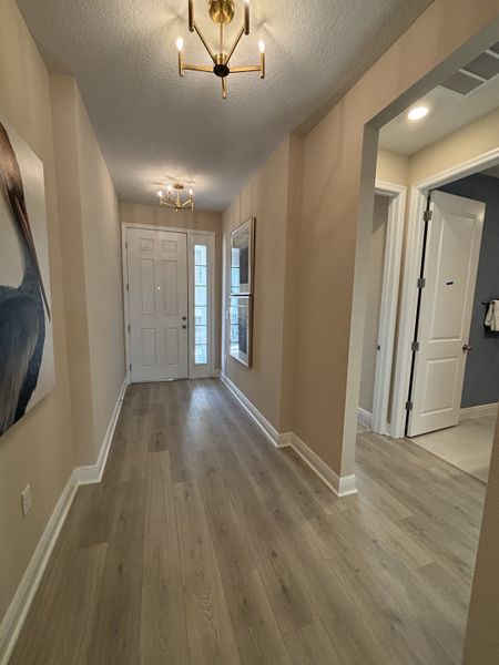 A warm and inviting hallway with wood-look flooring, elegant lighting fixtures, and soft beige walls, creating a welcoming entrance in Crossroads at Kelly Park by Dream Finders Homes (Apopka, FL).