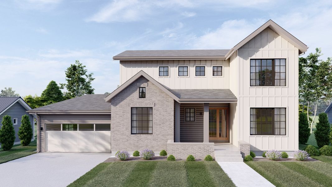 Front exterior of a home in the Harvest LiteLuxe community, located in Berthoud, CO (Image 1).