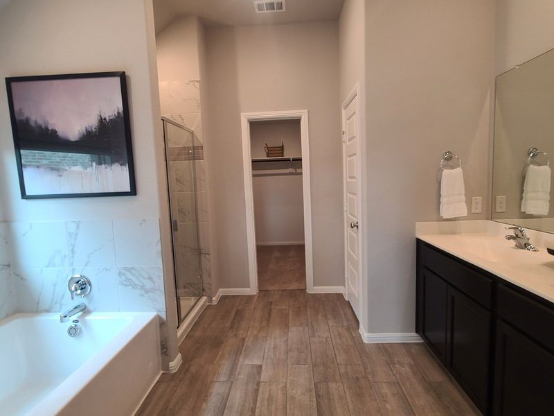 A modern bathroom with wood-style tile flooring, a spacious vanity, and a walk-in shower, enhanced by elegant decor. A modern bathroom with wood-style tile flooring, a spacious vanity, and a walk-in shower, enhanced by elegant decor.