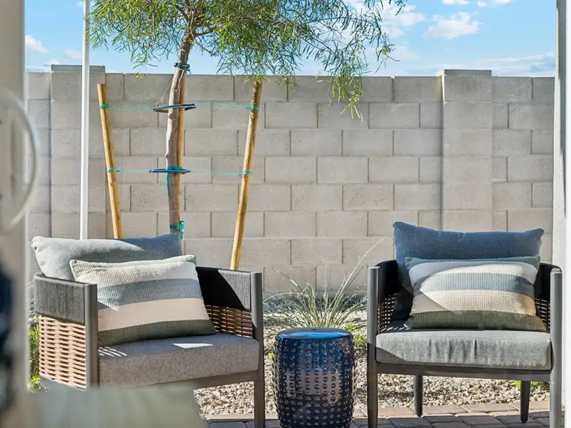 A patio with chairs and a tree.