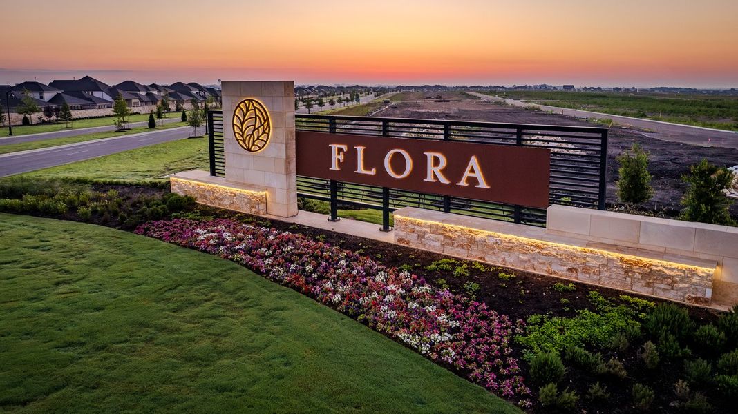 Entrance to the Flora community in Hutto, TX, featuring signage and landscaping (Image 1). Entrance to the Flora community in Hutto, TX, featuring signage and landscaping (Image 1).
