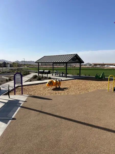 A charming playground with a pavilion in Avion: Arbor by Lennar, Goodyear, AZ, set against a scenic backdrop.