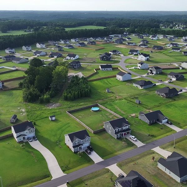 Aerial view of the Birchwood Trails community in Fuquay Varina, NC, showing layout and nearby surroundings (Image 12).