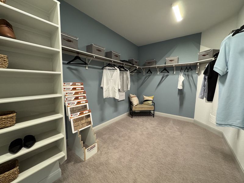 A spacious walk-in closet with shelves, hanging rods, and cozy seating, featuring a calming blue accent wall.