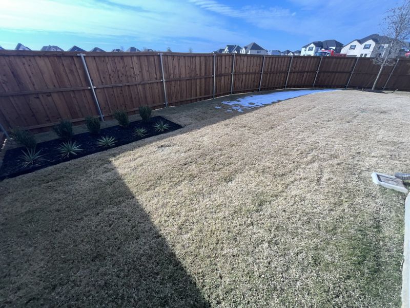 A spacious backyard with a wooden fence and well-kept lawn in North Sky Celina by Taylor Morrison (Celina, TX). A spacious backyard with a wooden fence and well-kept lawn in North Sky Celina by Taylor Morrison (Celina, TX).