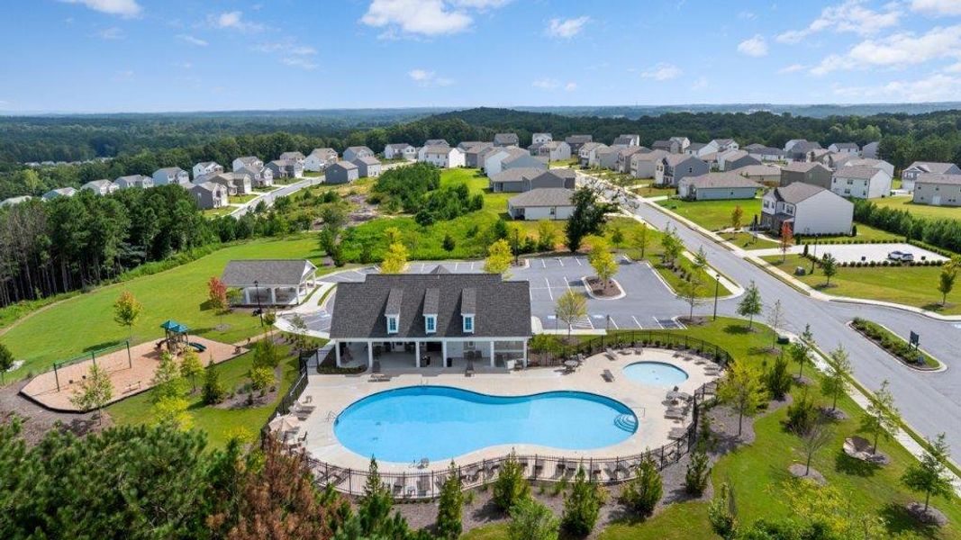Aerial view of the Oaks at Cedar Grove community in Fairburn, GA, showing layout and nearby surroundings (Image 1). Aerial view of the Oaks at Cedar Grove community in Fairburn, GA, showing layout and nearby surroundings (Image 1).
