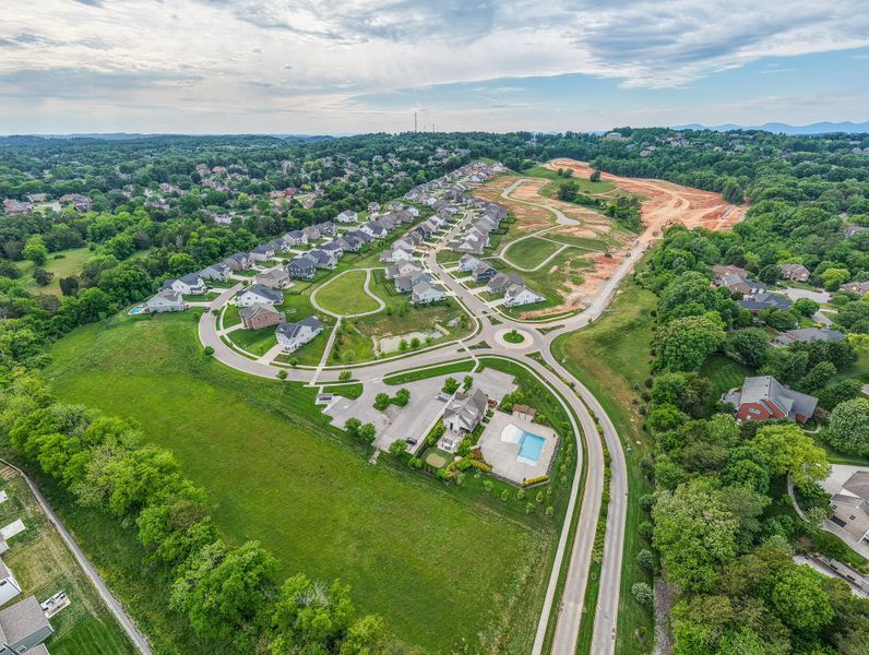 Aerial view of the Ivey Farms - The Vintage Collection community in Farragut, TN, showing layout and nearby surroundings (Image 14). Aerial view of the Ivey Farms - The Vintage Collection community in Farragut, TN, showing layout and nearby surroundings (Image 14).