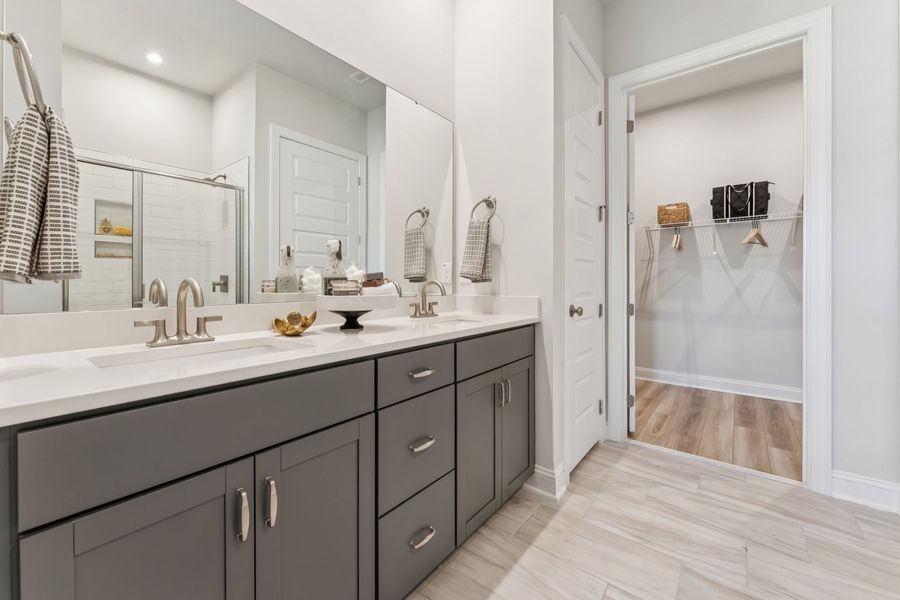 Serene primary bath with dual sink vanity