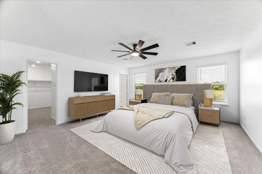 Super spacious primary bedroom with adjoining primary suite. This one has been virtually stage to indicate size. Super spacious primary bedroom with adjoining primary suite. This one has been virtually stage to indicate size.