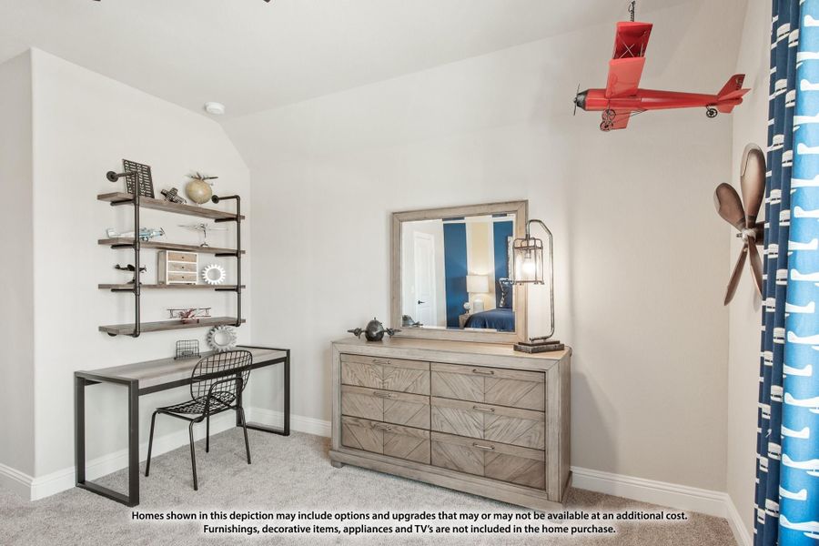 Children's bedroom with aviation theme, wood dresser, desk, wall shelves, and hanging red airplane model Children's bedroom with aviation theme, wood dresser, desk, wall shelves, and hanging red airplane model