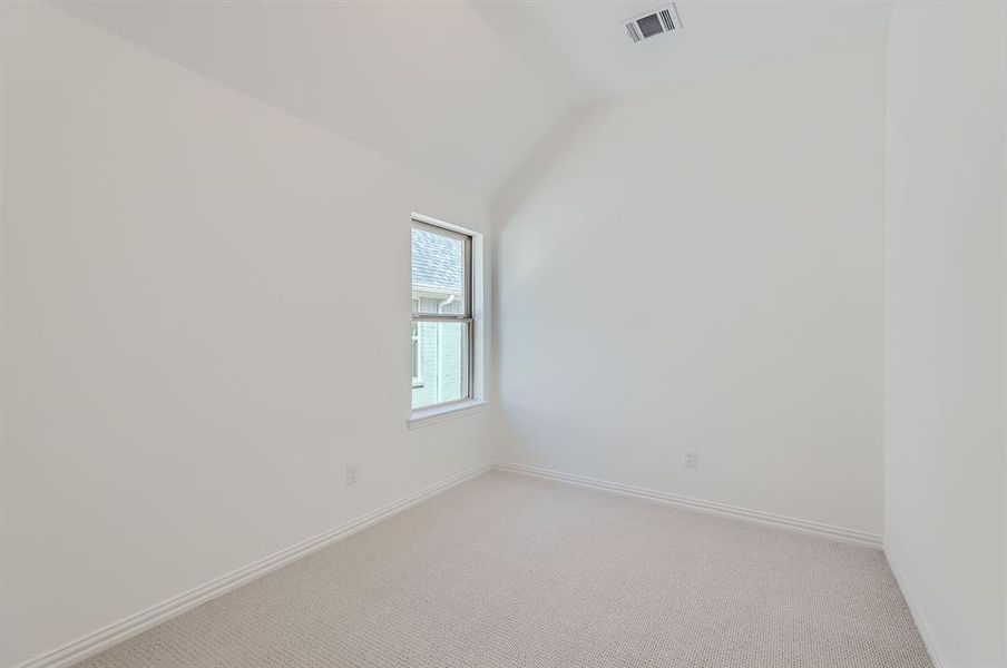 Empty room featuring carpet flooring and lofted ceiling