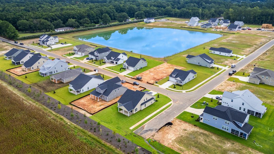 Aerial view of Chestnut Farms community with scenic pond by DRB Homes