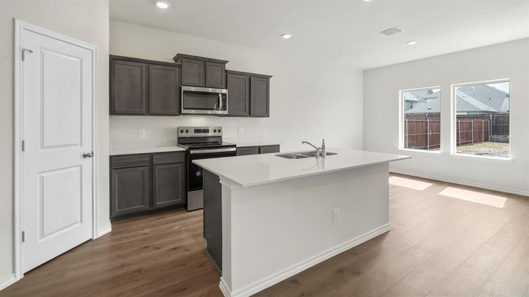 The kitchen features dark cabinetry, stainless steel appliances, and a central island with a sink