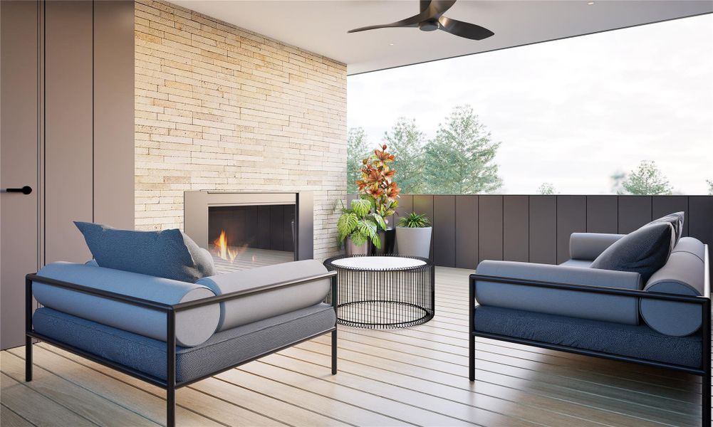 Wooden deck with an outdoor living space with a fireplace and ceiling fan