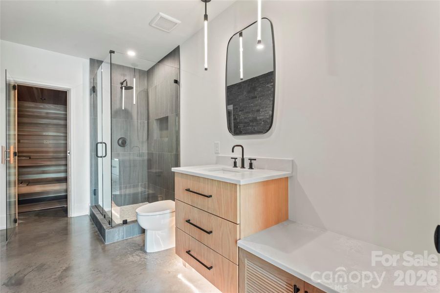 Full Bath w/ Custom Cut Lava Rock Sauna in Western Red Cedar