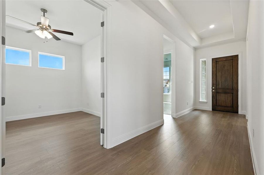 Foyer entrance featuring plenty of natural light, dark wood finished floors, and a ceiling fan