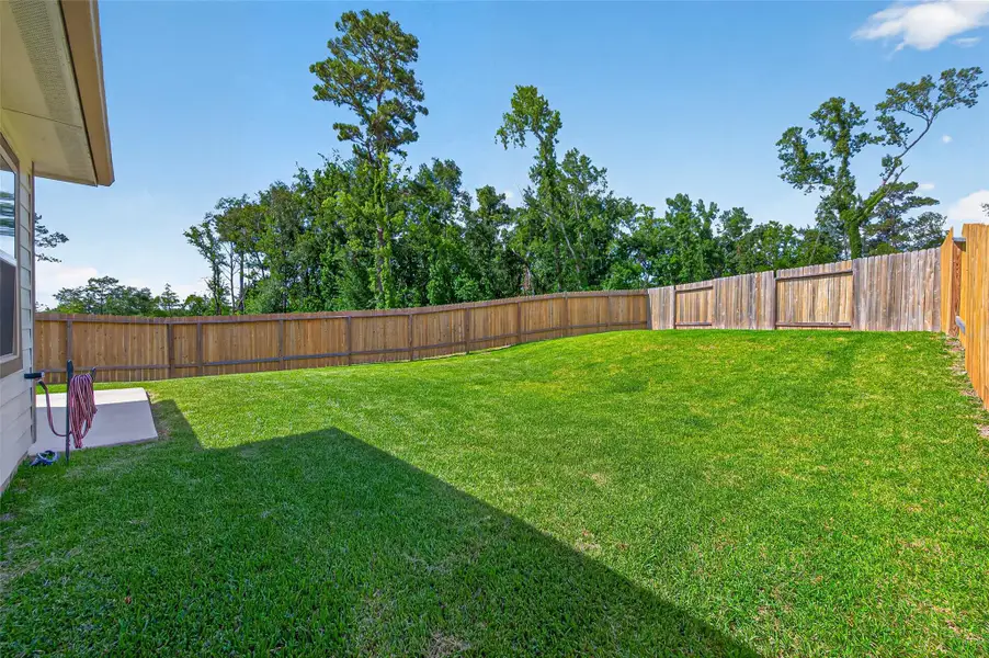 Spacious backyard with well-maintained lawn, surrounded by a wooden privacy fence and bordered by trees, offering a serene and private outdoor space. Spacious backyard with well-maintained lawn, surrounded by a wooden privacy fence and bordered by trees, offering a serene and private outdoor space.