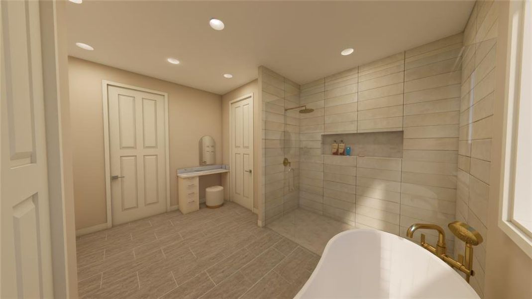 Bathroom with walk in shower, a freestanding bath, recessed lighting, and vanity