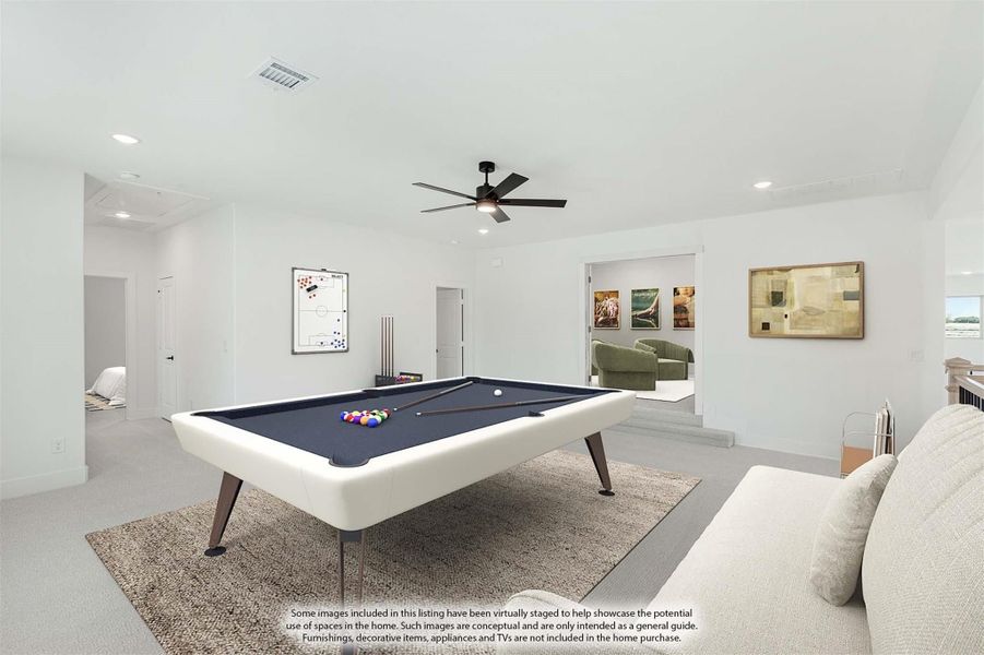 Game room with pool table, ceiling fan, and open layout with white walls and carpet