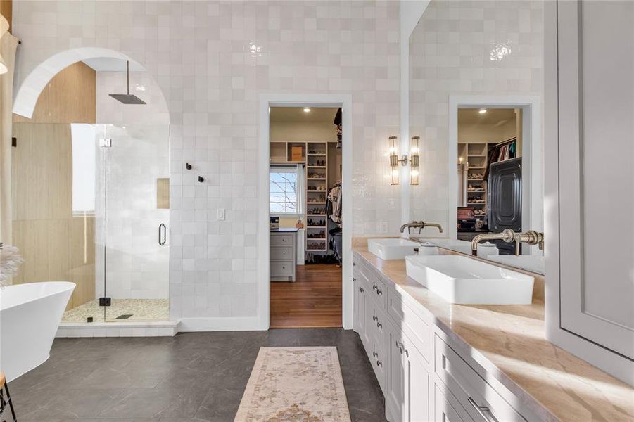 Primary bathroom with 12 ft ceilings