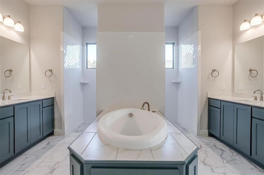 Bathroom with a washtub, vanity, and a healthy amount of sunlight