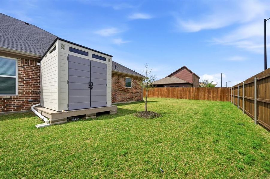 Fenced backyard with a shed