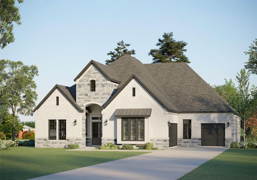 French country style house featuring brick siding, stone siding, and a front yard