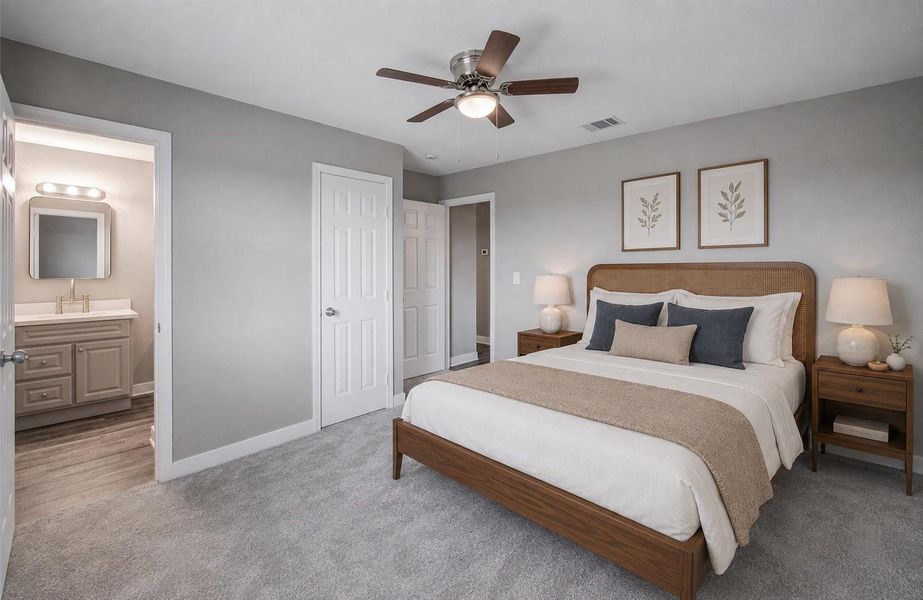 Primary Bedroom. Private bathroom and ample closet. (Virtually Staged)