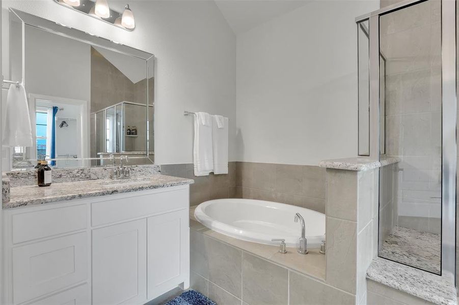 Full bath featuring vanity, a garden tub, a shower stall, and vaulted ceiling