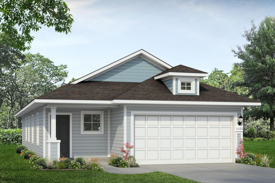 Front exterior of a new home in Hymeadow, Maxwell, TX, highlighting curb appeal (Image 1). Front exterior of a new home in Hymeadow, Maxwell, TX, highlighting curb appeal (Image 1).