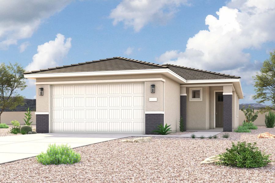 Rendering of front of new home for sale in San Tan Valley, AZ at Skyline Village the Highlands Collection by Century Communities with 2 car garage. Rendering of front of new home for sale in San Tan Valley, AZ at Skyline Village the Highlands Collection by Century Communities with 2 car garage.