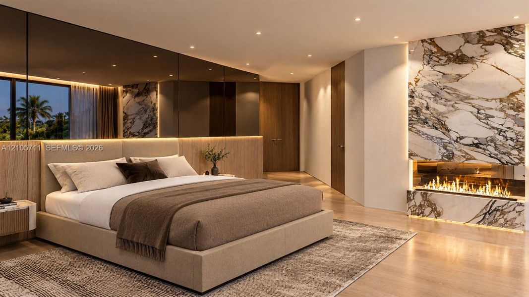 Stone-clad linear fireplace, wood-finish flooring, recessed ceiling lighting, full-wall tinted mirror paneling, and wood-paneled feature wall with integrated accent lighting