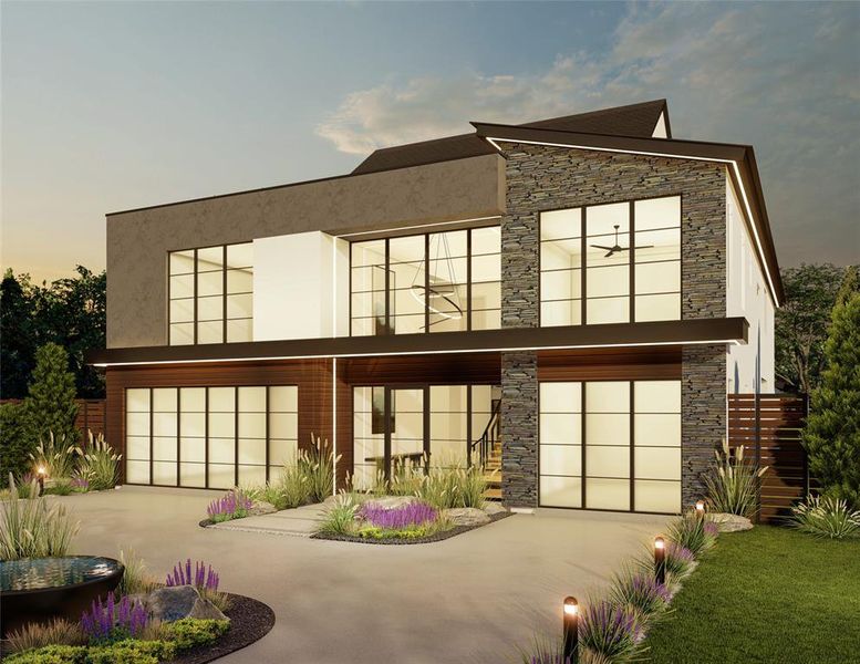 Modern home with stone siding, stucco siding, and driveway Modern home with stone siding, stucco siding, and driveway