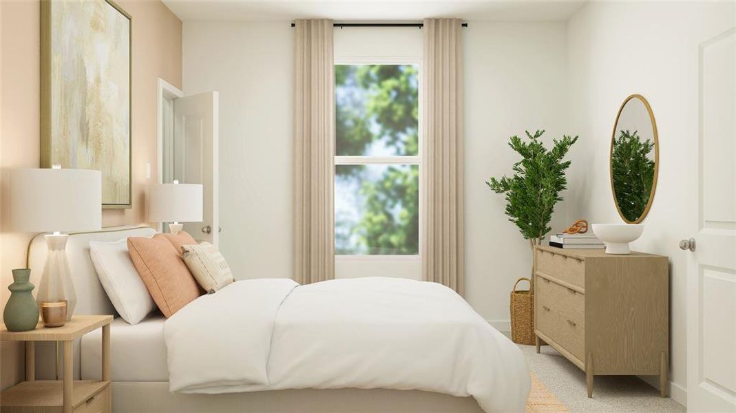 Carpeted bedroom with multiple windows